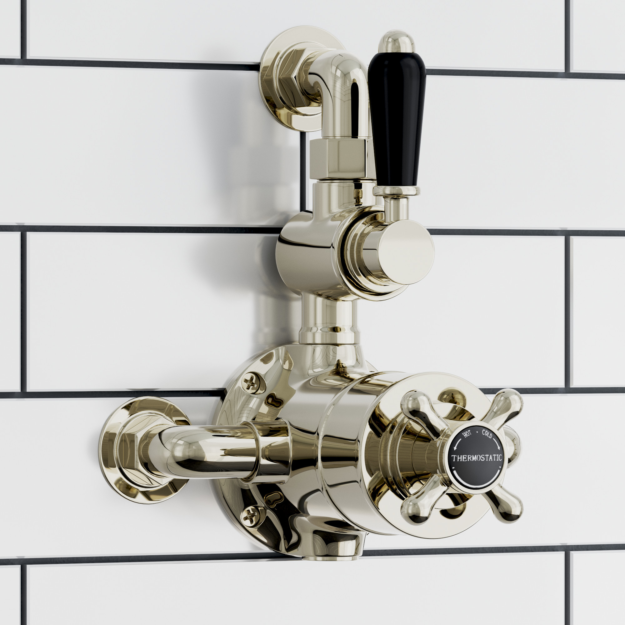 ENKI, Downton, T113, Traditional Thermostatic Shower Valve with Return to Wall Bend, Semi-Concealed Shower Valve, Gold and Black image